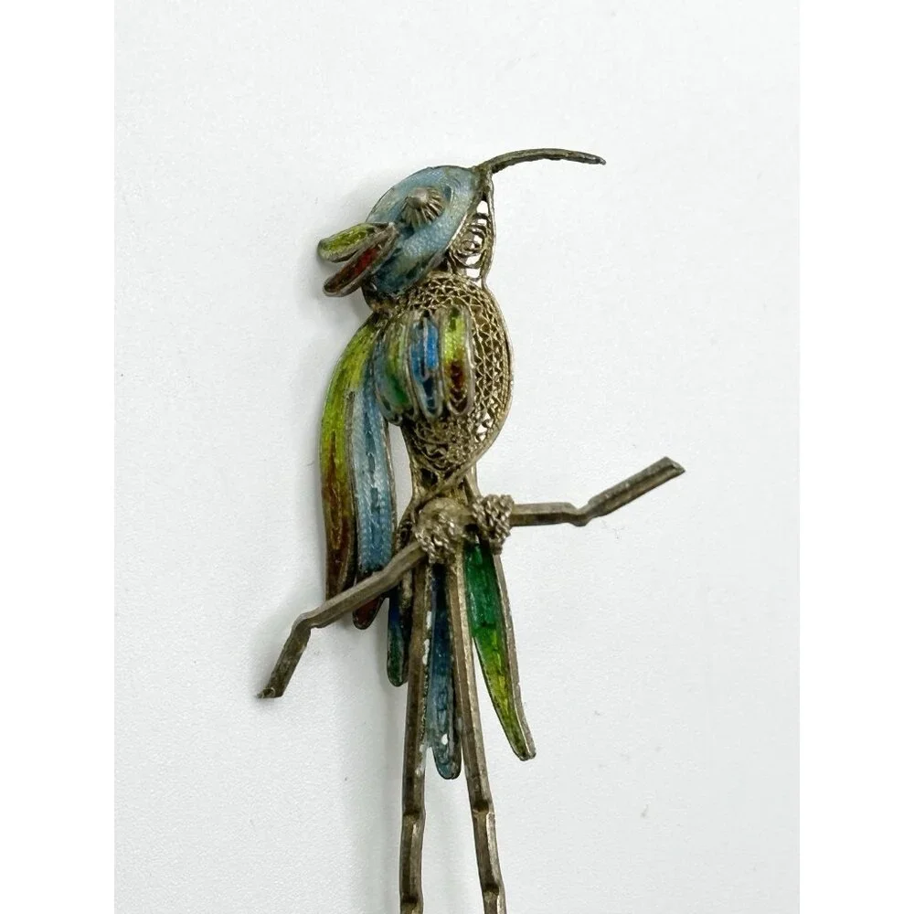 Enameled 800 Silver Filigree Bird Parrot Pin Brooch